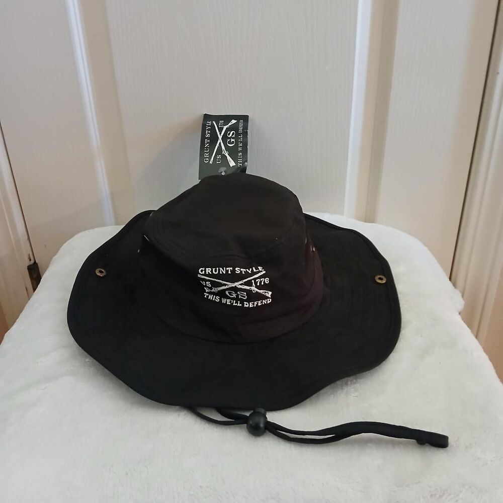NWT Grunt Style black bucket boonie hat snap up sides adjustable chin strap